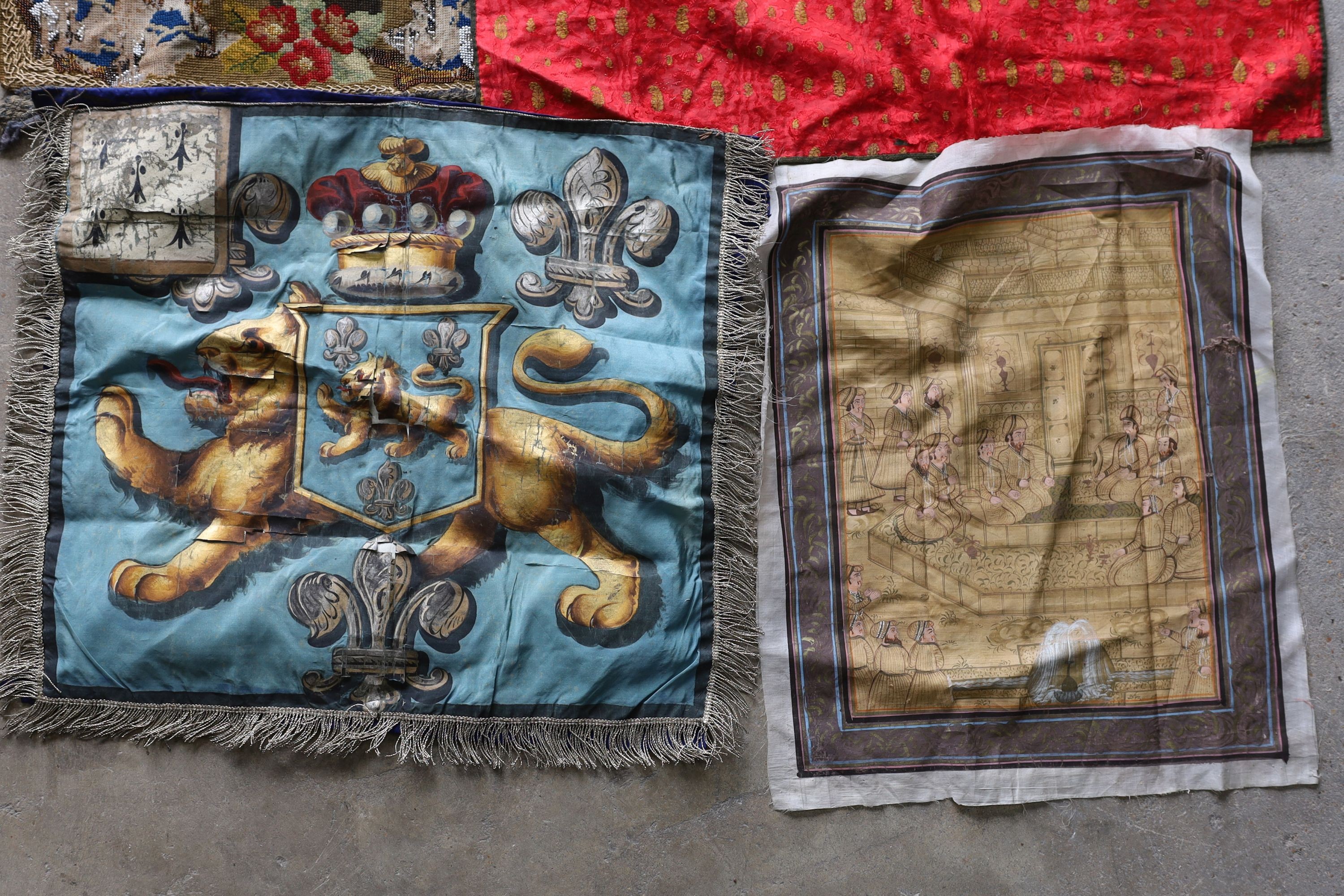 An Ottoman silk Koran cloth, three needle and bead work covers and assorted textiles